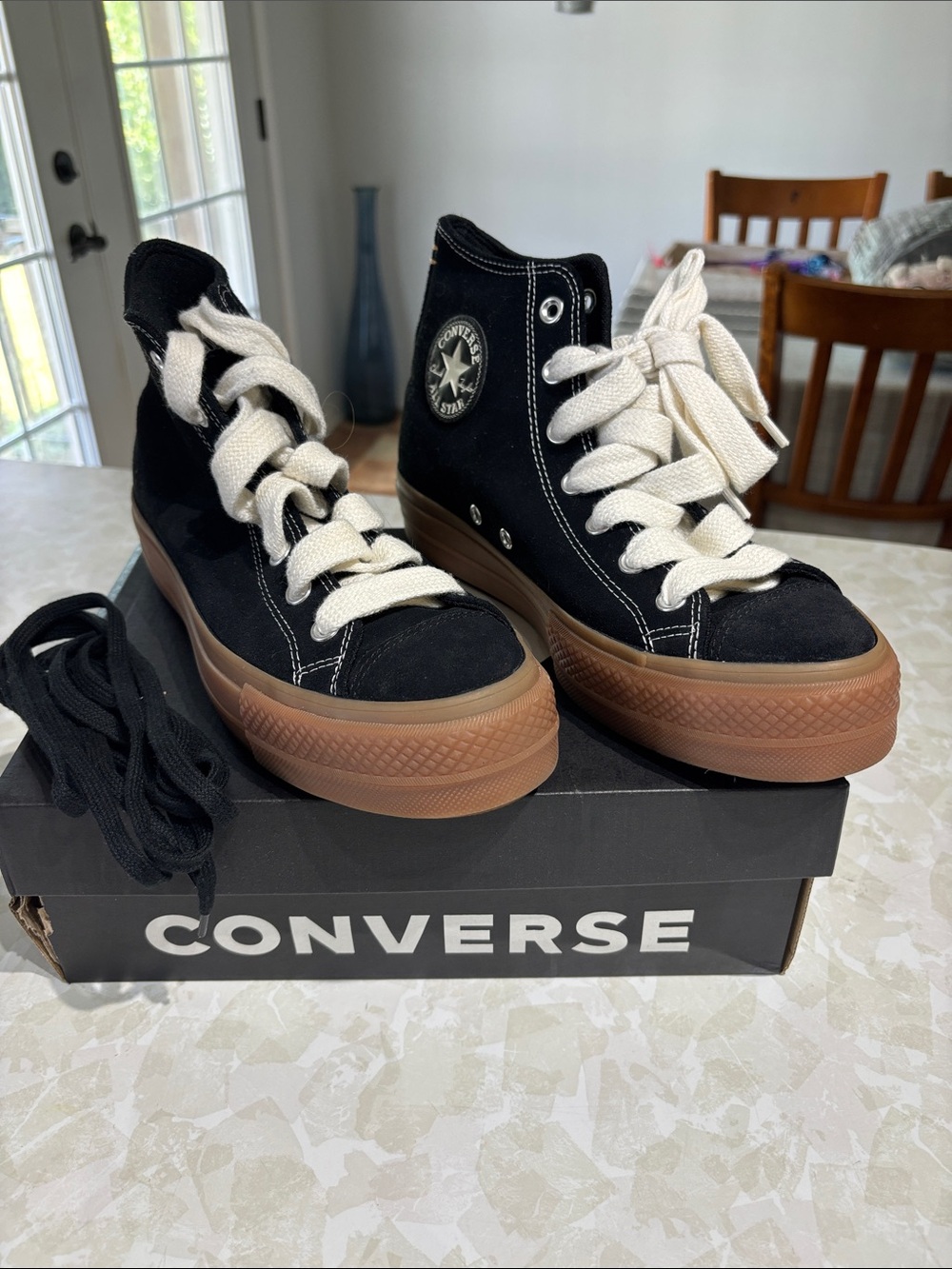 Converse Black Suede High-Top Sneakers with Gum Platform and Cream Laces